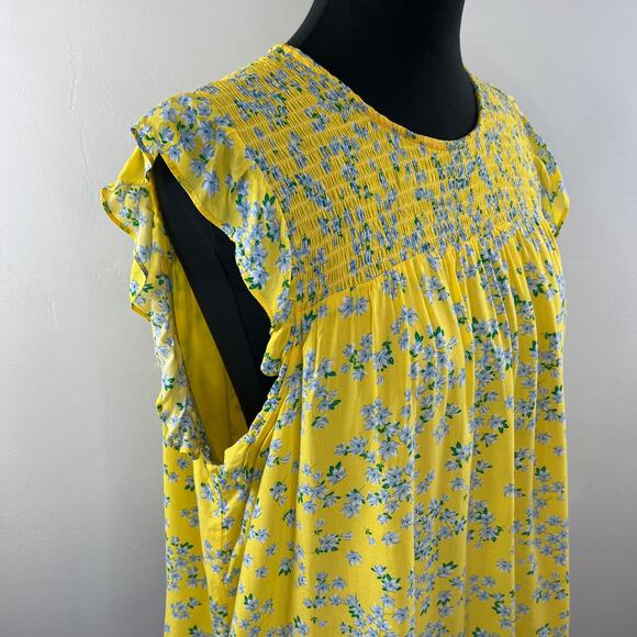 Draper James RSVP Yellow / Blue XL Top Floral Crew Neck Smocked Flutter Sleeve - Picture 5 of 9